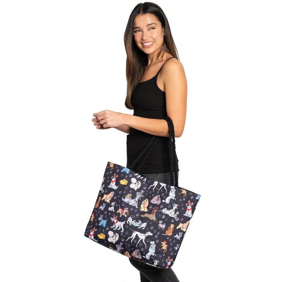 New Disney Dogs Travel Rope Tote Bag Carry-On Paw Prints 101 Dalmatians Black - Picture 4 of 7